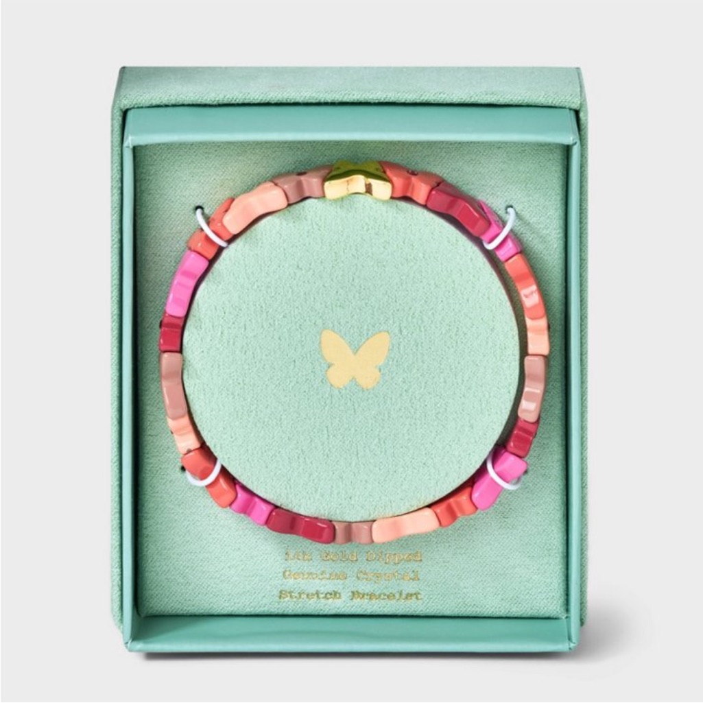 14k Gold Dipped Crystal Butterfly Mixed Enamel Stretch Bracelet